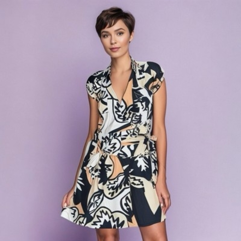 Diane Von Furstenberg Edan Wrap Dress Normandie Bloom Geometric Black White Tan